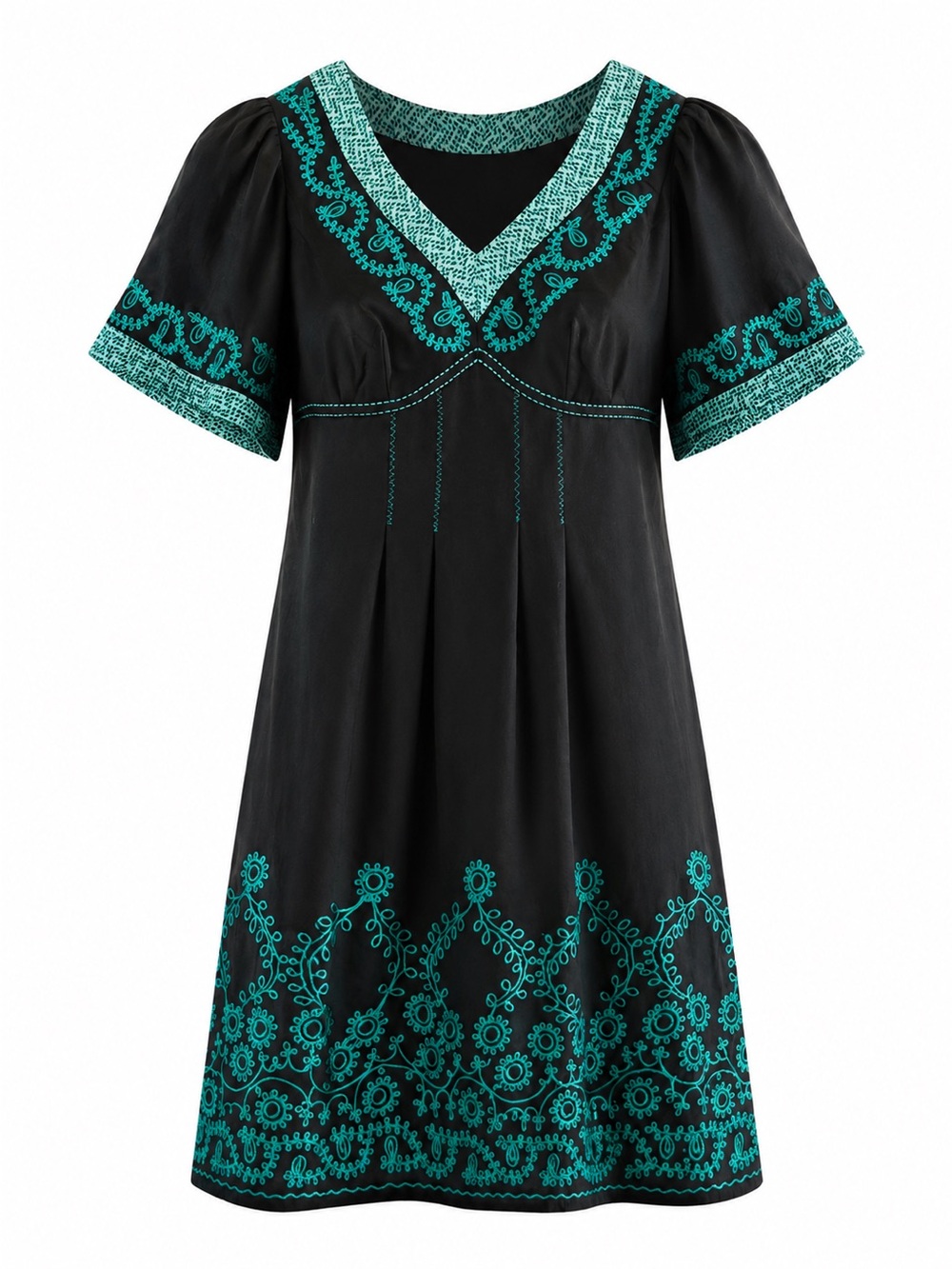 Nanette Lepore Black Dress With Teal Embroidery V-Neck Short Sleeves Size 0
